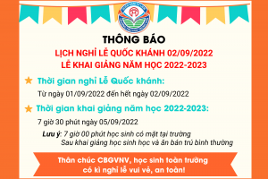 THÔNG BÁO LỊCH NGHỈ LỄ QUỐC KHÁNH 02/09/2022 – LỊCH KHAI GIẢNG NĂM HỌC 2022-2023