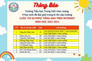 THÔNG BÁO KẾT QUẢ KÌ THI CẤP TRƯỜNG CUỘC THI OLYMPIC TIẾNG ANH TRÊN INTERNET NĂM HỌC 2022-2023
