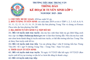 THÔNG BÁO KẾ HOẠCH TUYỂN SINH VÀO LỚP 1 NĂM HỌC 2025-2026